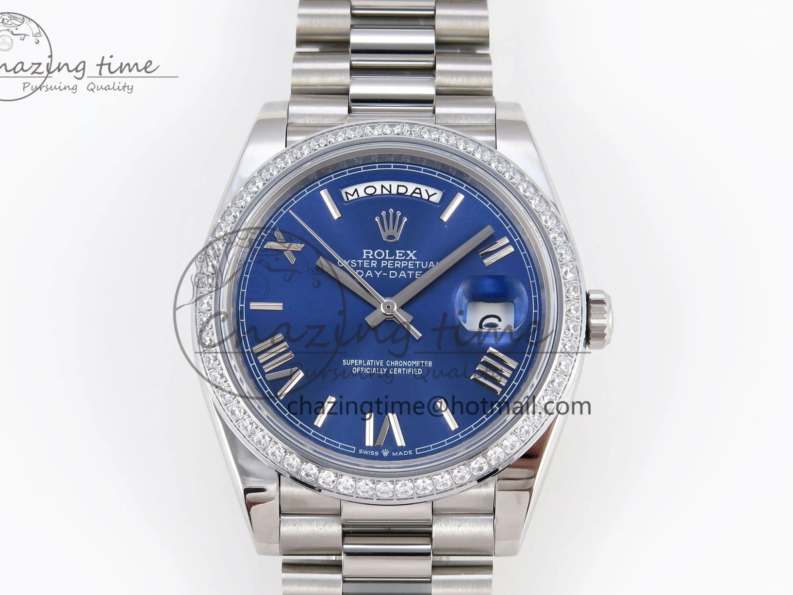MiroTime 0426 QuickDry DayDate 40 SS GSF Gain Weight Blue Roman Dial Diamonds Bezel on President Bracelet A 1917